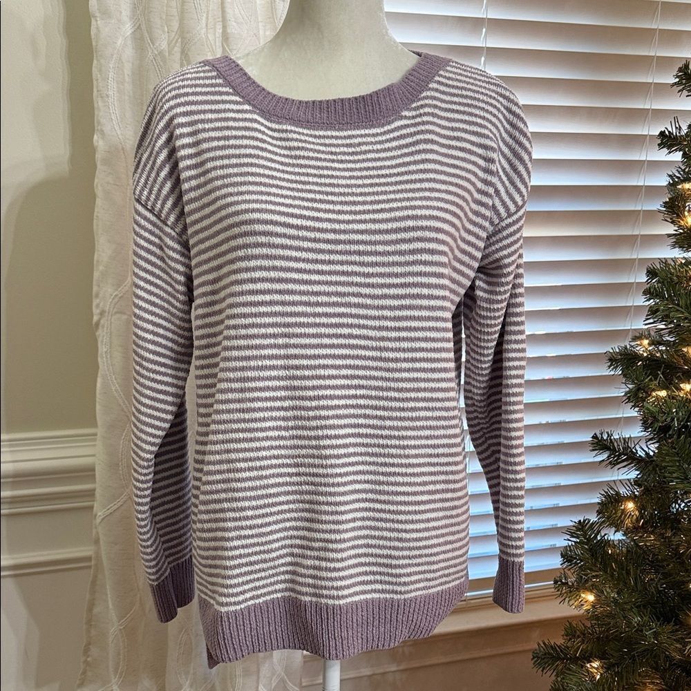 Jones New York Signature Striped Sweater Women’s Medium Purple White Soft Knit